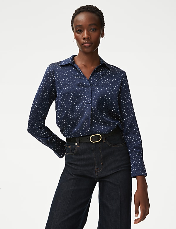 Polka Dot Collared Popover Blouse