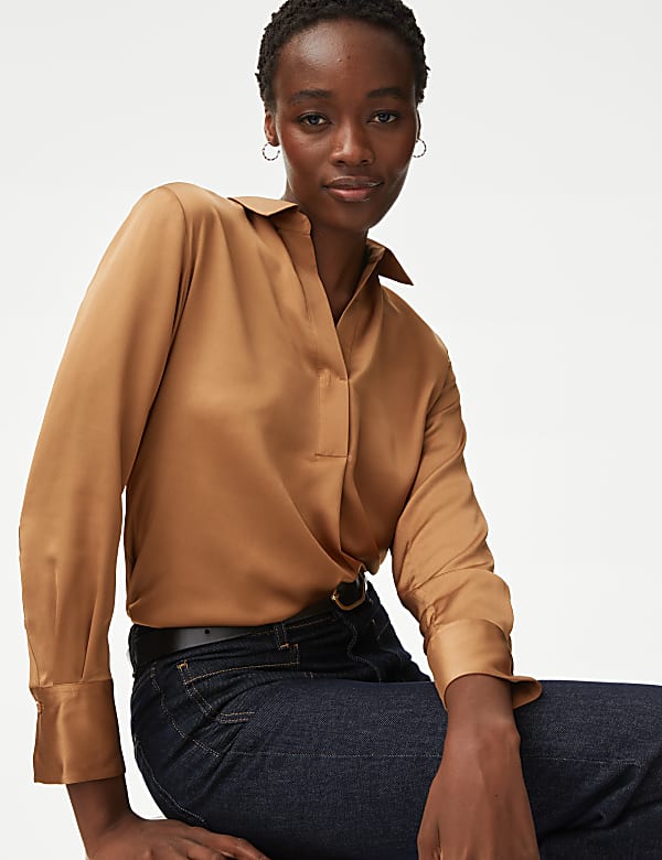 Satin Collared Popover Blouse - CY