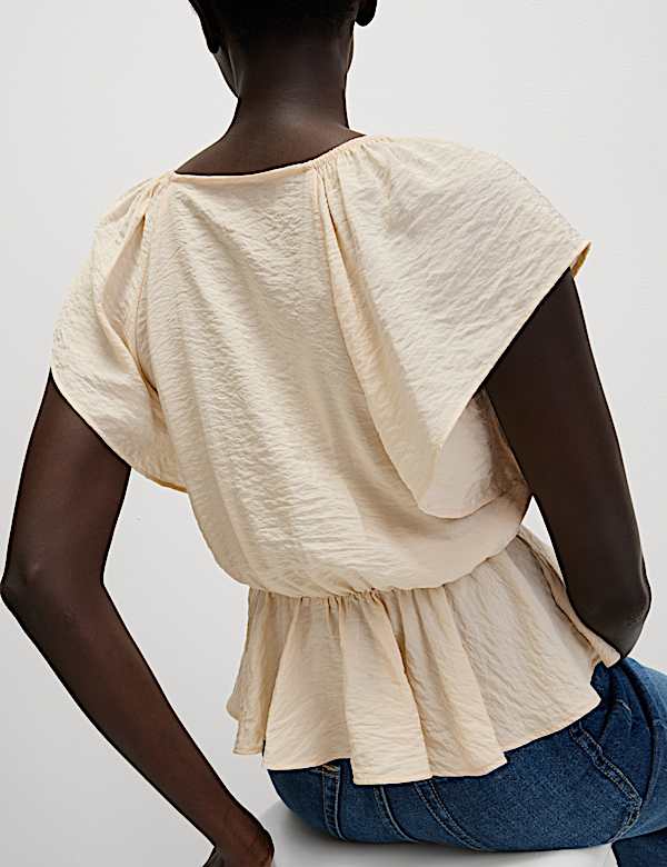 Lace V-Neck Ruffle Angel Sleeve Blouse - RO