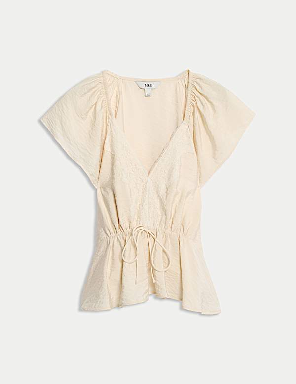 Lace V-Neck Ruffle Angel Sleeve Blouse - RO