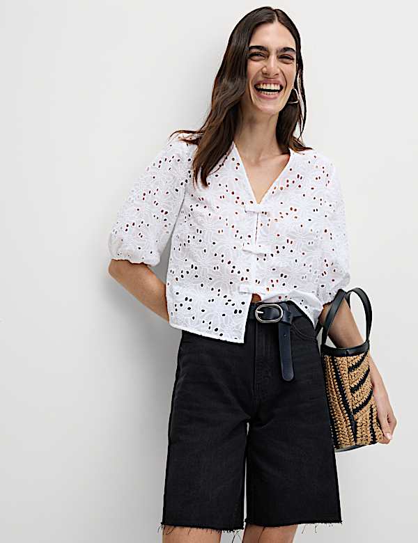 Pure Cotton Floral Cutwork Detail Bow Blouse - US