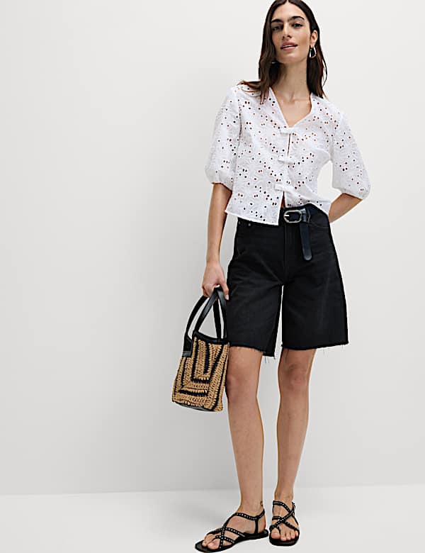 Chemisier 100 % coton fleuri &agrave; motif ajour&eacute; et n&oelig;ud - CA