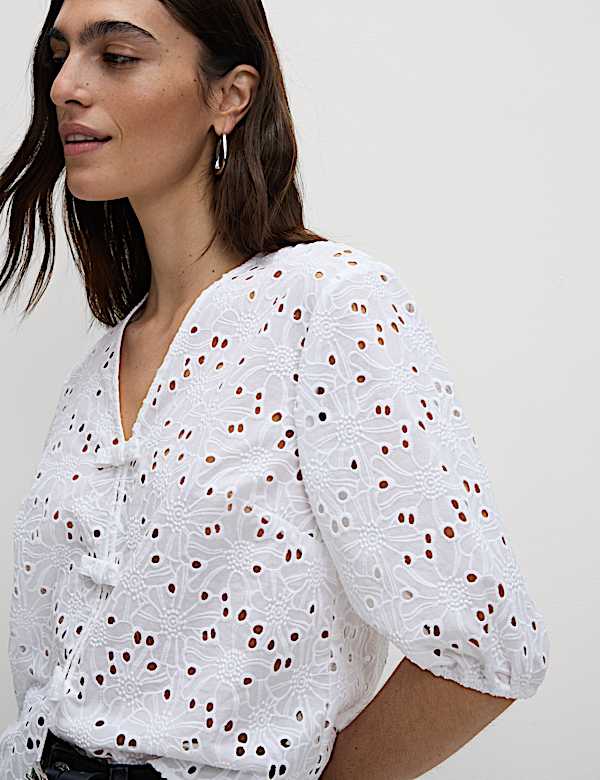 Chemisier 100 % coton fleuri &agrave; motif ajour&eacute; et n&oelig;ud - CA