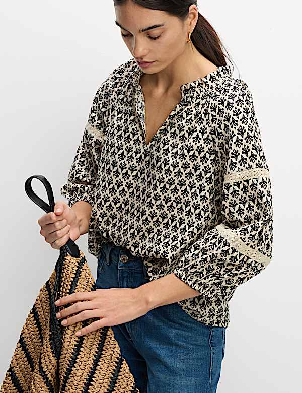 Pure Cotton Printed Notch Neck Puff Sleeve Blouse