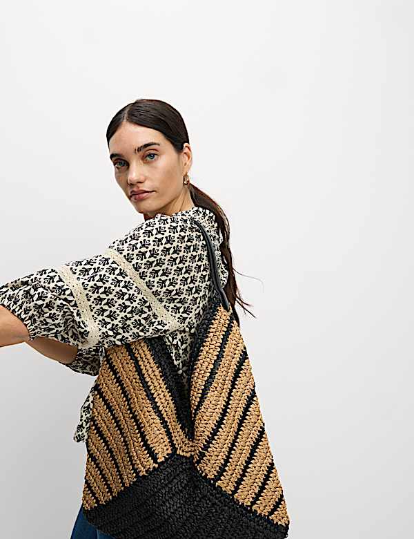 Pure Cotton Printed Notch Neck Puff Sleeve Blouse