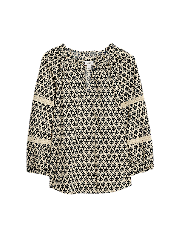 Pure Cotton Printed Notch Neck Puff Sleeve Blouse