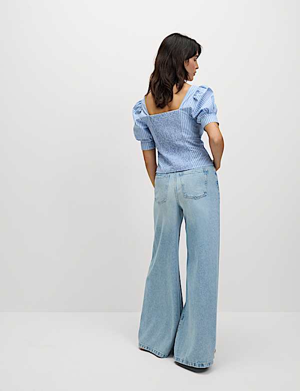 Pure Cotton Striped Square Neck Slim Fit Top - IS