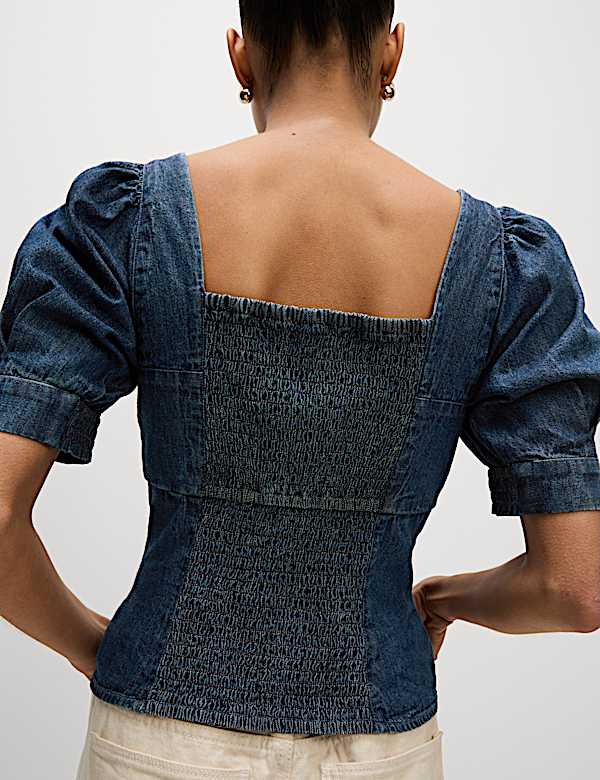 Pure Cotton Denim Square Neck Slim Fit Top