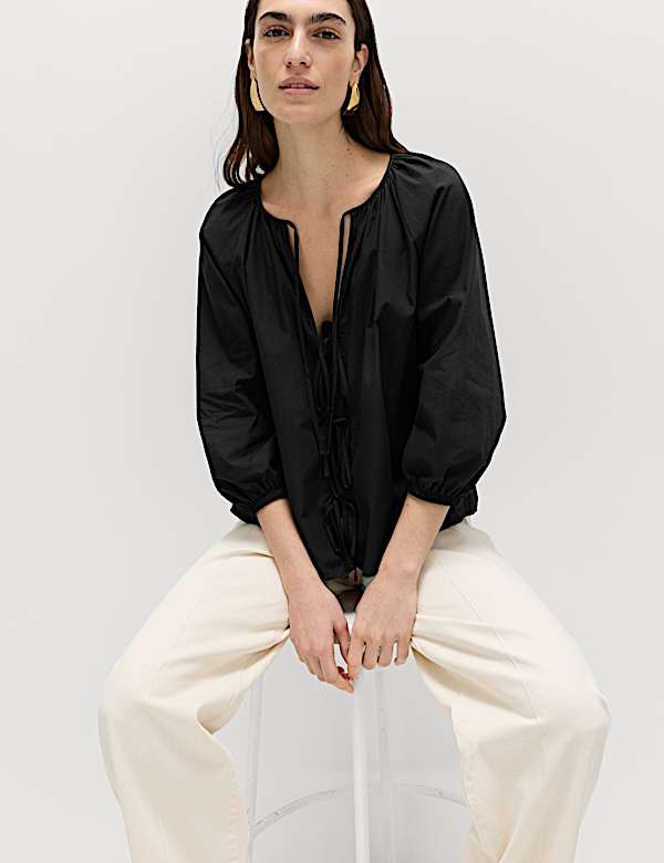Pure Cotton Puff Sleeve Tie Front Blouse | BLACK | Blouses | M&S NZ