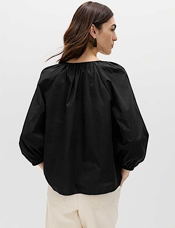 Pure Cotton Puff Sleeve Tie Front Blouse - DK