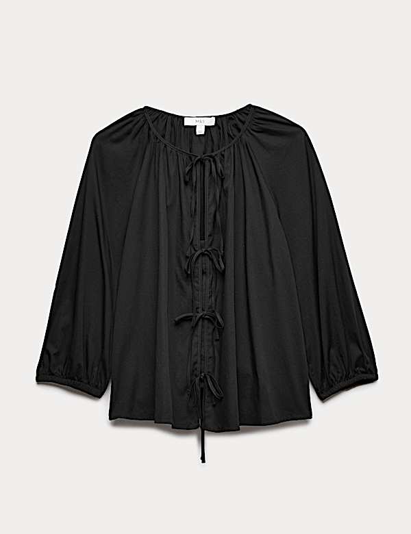 Pure Cotton Puff Sleeve Tie Front Blouse - DK