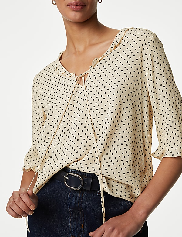 Polka Dot V-Neck Frill Detail Blouse