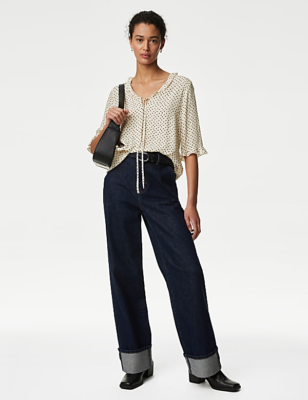 Polka Dot V-Neck Frill Detail Blouse