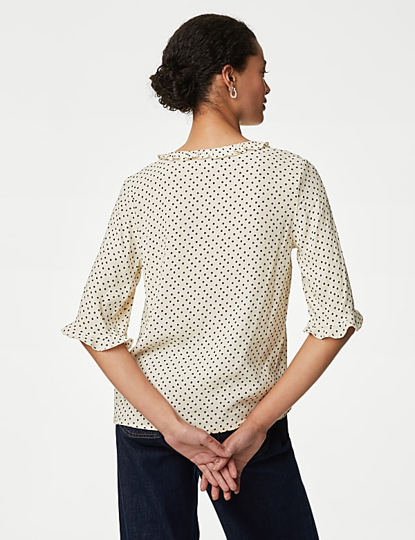 Polka Dot V-Neck Frill Detail Blouse