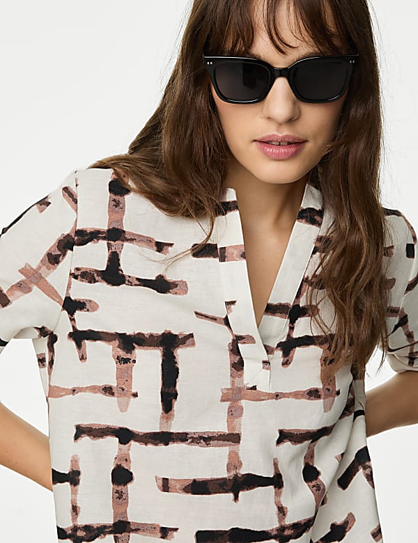 Linen Rich Printed V-Neck Popover Blouse
