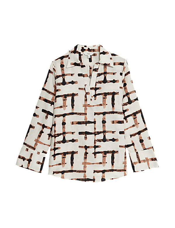 Linen Rich Printed V-Neck Popover Blouse