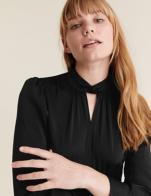 Satin High Neck Long Sleeve Blouse