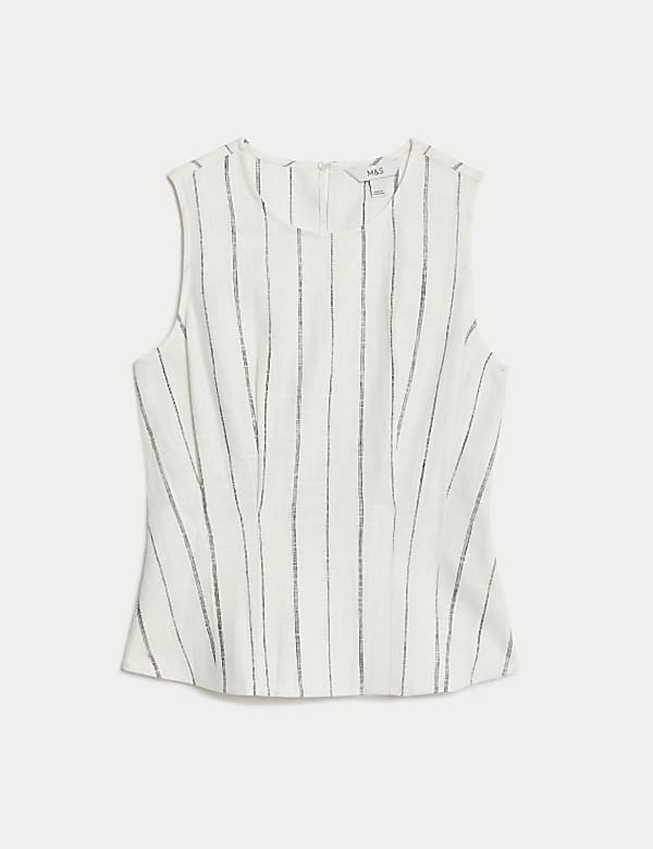 Linen Blend Striped Round Neck Blouse - FR