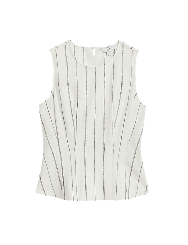 Linen Blend Striped Round Neck Blouse