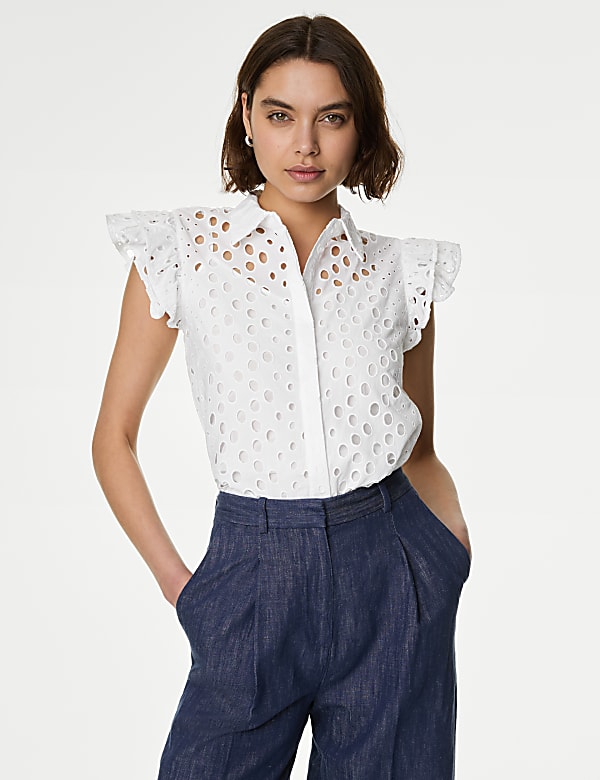 Pure Cotton Broderie Frill Detail Shirt - IL