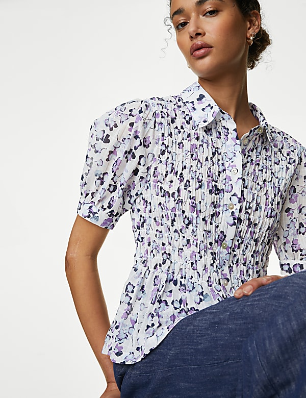 Floral Collared Shirred Puff Sleeve Shirt - SI