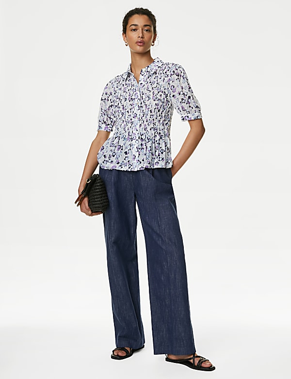 Floral Collared Shirred Puff Sleeve Shirt