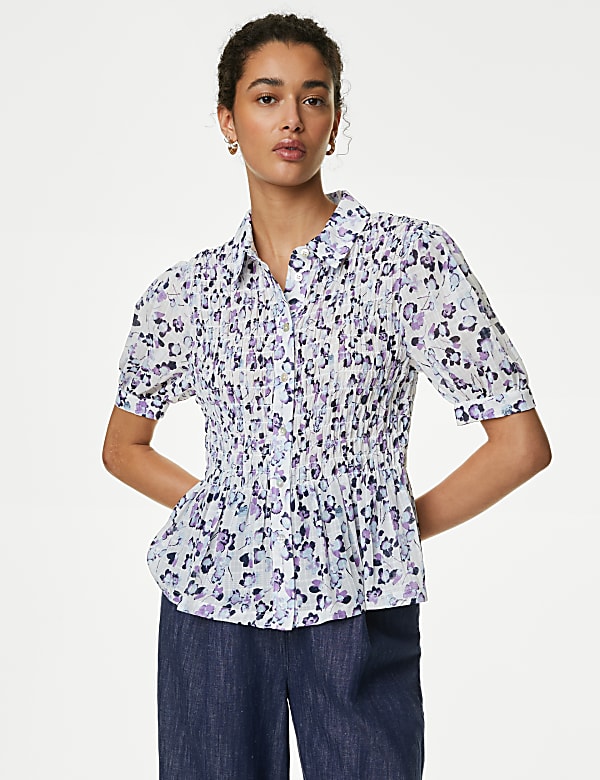 Floral Collared Shirred Puff Sleeve Shirt