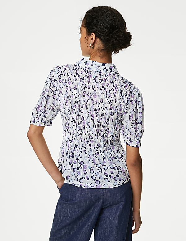 Floral Collared Shirred Puff Sleeve Shirt