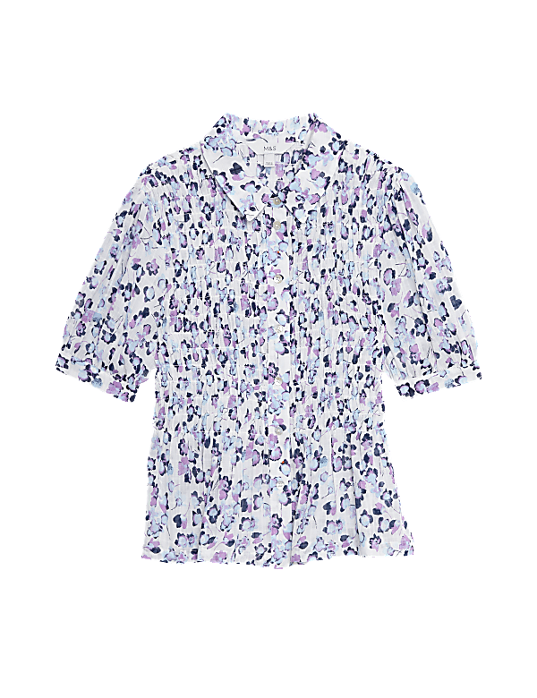 Floral Collared Shirred Puff Sleeve Shirt