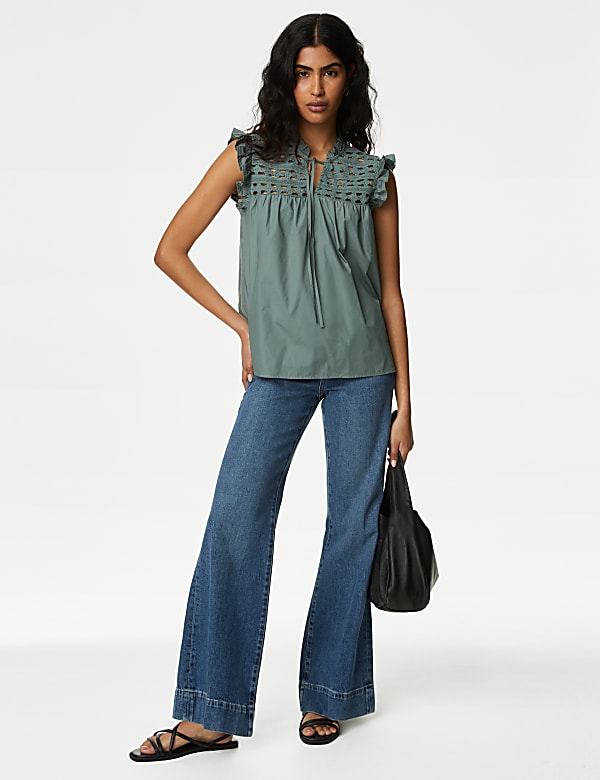 Pure Cotton V-Neck Lace Insert Top