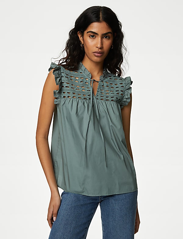 Pure Cotton V-Neck Lace Insert Top