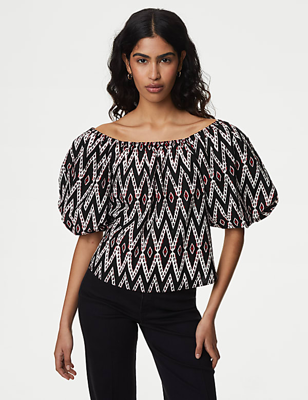 Pure Cotton Geometric Puff Sleeve Blouse