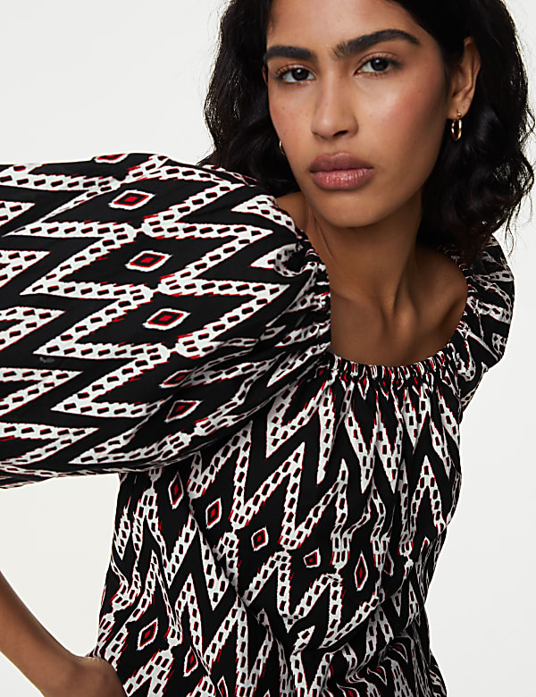 Pure Cotton Geometric Puff Sleeve Blouse