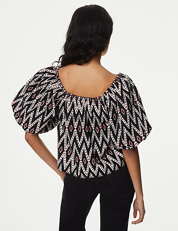 Pure Cotton Geometric Puff Sleeve Blouse