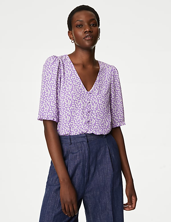 Printed V-Neck Puff Sleeve Blouse