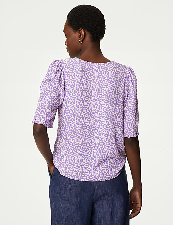 Printed V-Neck Puff Sleeve Blouse