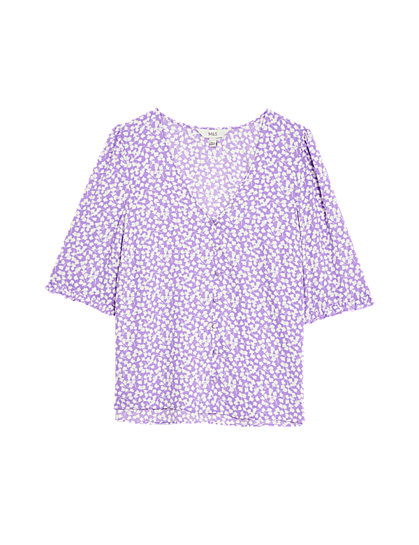 Printed V-Neck Puff Sleeve Blouse