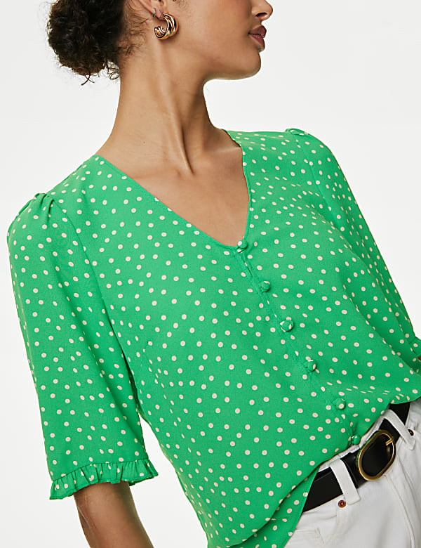Printed V-Neck Puff Sleeve Blouse - JE