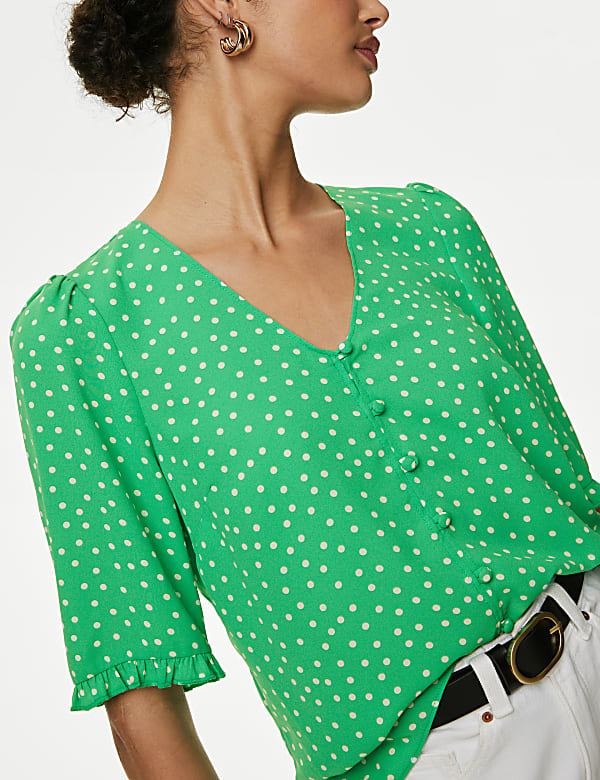 Printed V-Neck Puff Sleeve Blouse - AL