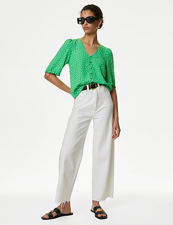 Printed V-Neck Puff Sleeve Blouse