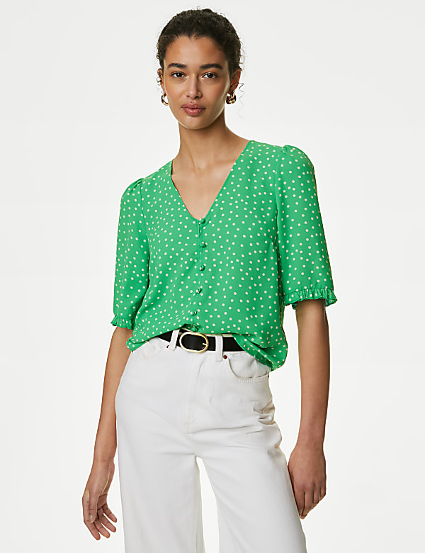 Printed V-Neck Puff Sleeve Blouse