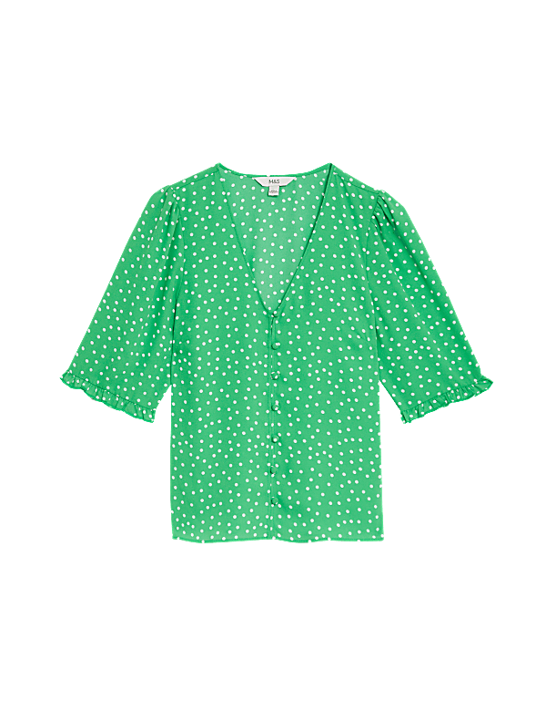 Printed V-Neck Puff Sleeve Blouse