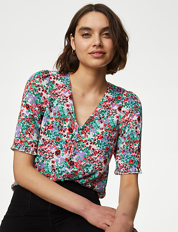 Printed V-Neck Puff Sleeve Blouse