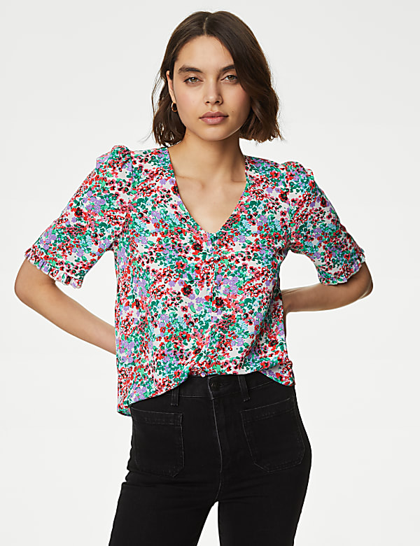 Printed V-Neck Puff Sleeve Blouse