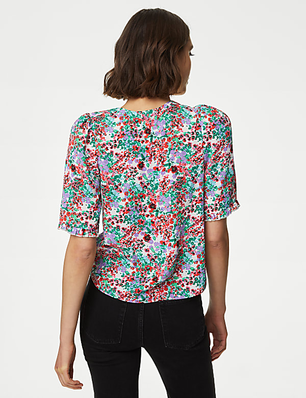Printed V-Neck Puff Sleeve Blouse