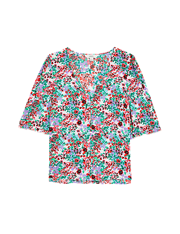 Printed V-Neck Puff Sleeve Blouse