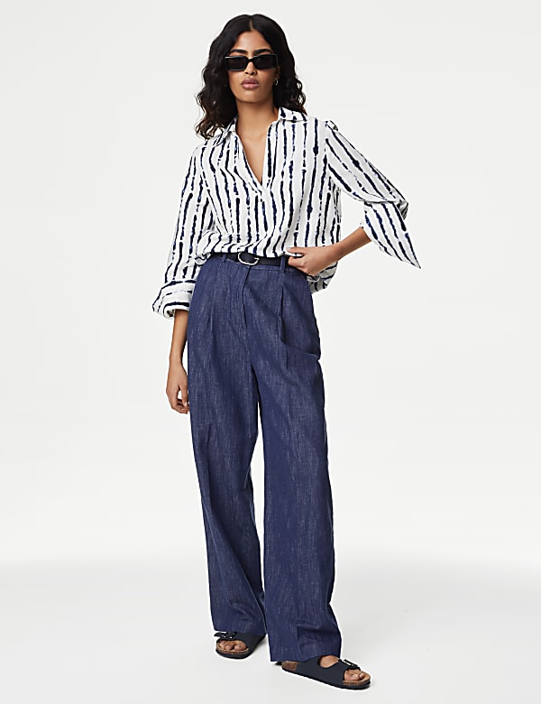Linen Rich Printed Popover Blouse