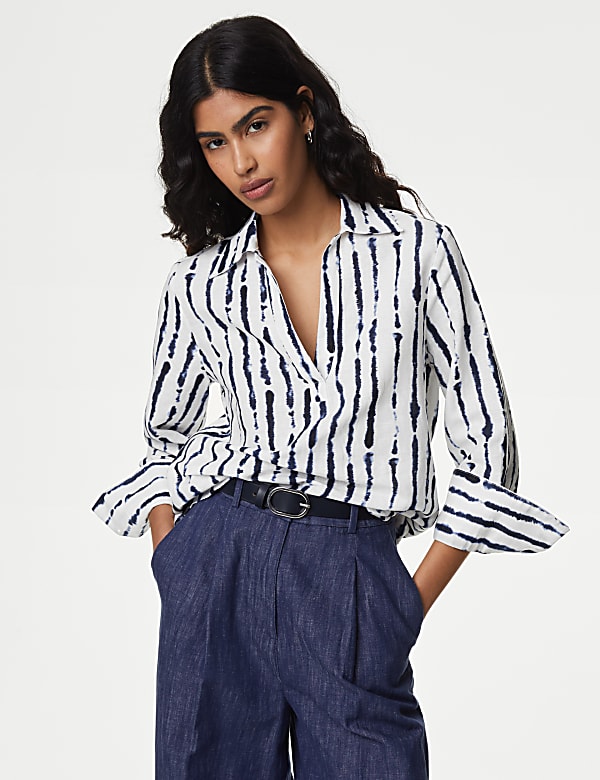 Linen Rich Printed Popover Blouse
