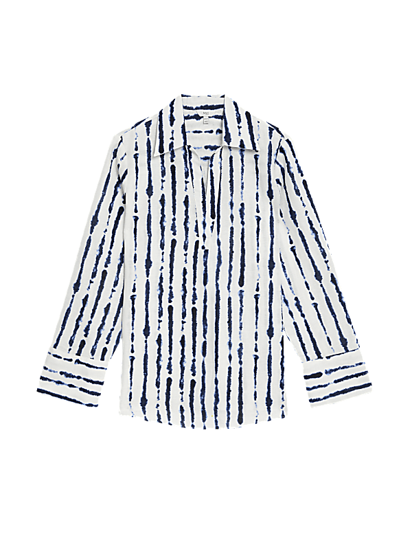 Linen Rich Printed Popover Blouse