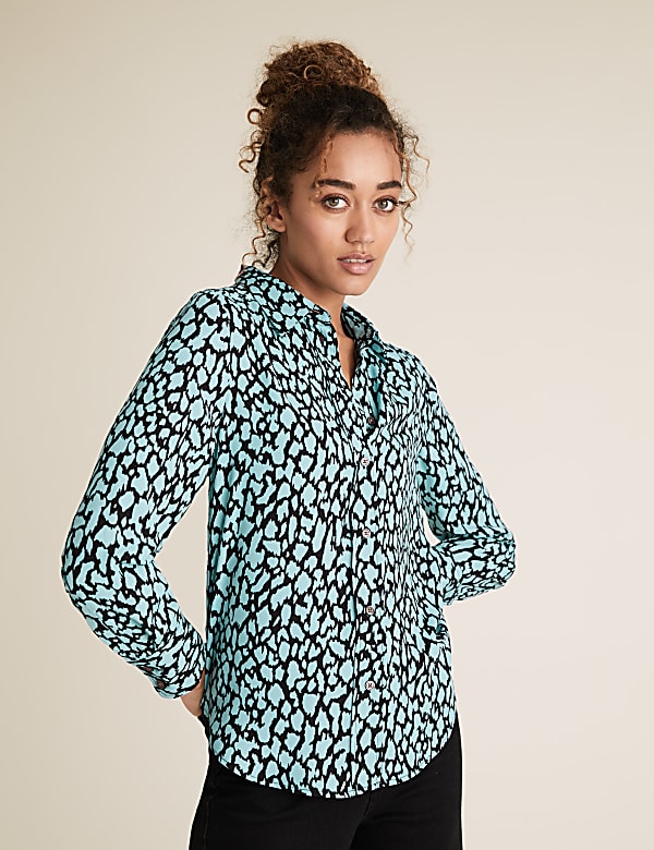 Animal Print Collared Long Sleeve Shirt